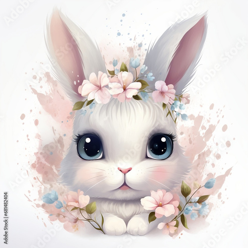 Retrata conejo adorable ojos azules dibujo animado infantil, ilustración creada por IA, fondo blanco