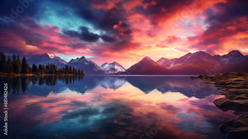 A stunning sunset over a serene lake with majestic