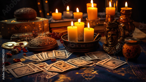 A table adorned with candles and tarot cards