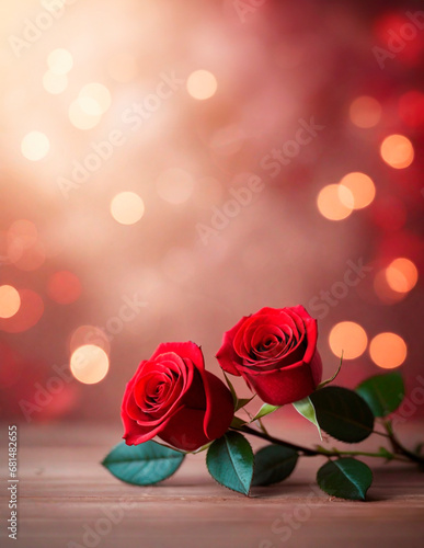 Valentines day background banner. Red roses  gold bokeh. Copy space for text. Valentine love concept. Ad  ads  advert  advertisement  February 14 campaign. Abstract panorama  glitter lights design.