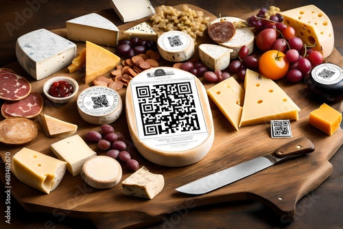 Design an interactive cheese and charcuterie board with edible QR codes that provide information about each artisanal item  photo