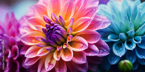 Vibrant dahlia blossom in close up showcasing organic beauty in nature, Dahlia Autumn flower background, Vibrant dahlia blossom multi colored petals focus on foreground beauty generated AI
