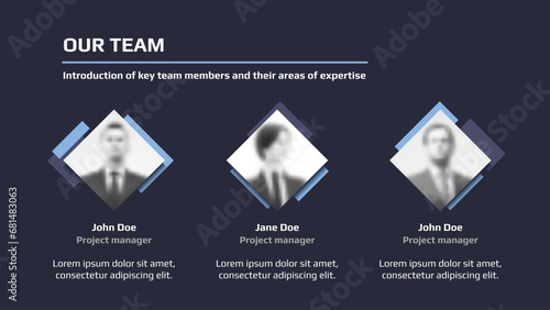 Our team web page with member avatars for business presentation or landing page on dark blue background. Website page template.