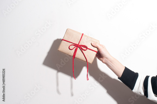 present  wrapped  in  brown  eco  paper  with  hands  on  white  background  with  pine  branches  minimallist  copyspace  isolated  lifestyle