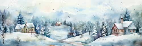 Winter village landscape. Watercolor illustration. Christmas and New Year panoramic banner.