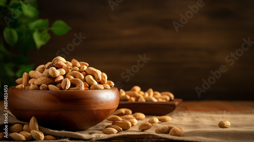 A wooden bowl filled with peanuts placed