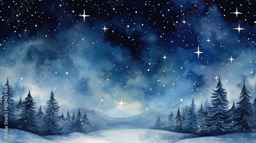 Winter night landscape with fir trees and starry sky. Watercolor illustration.