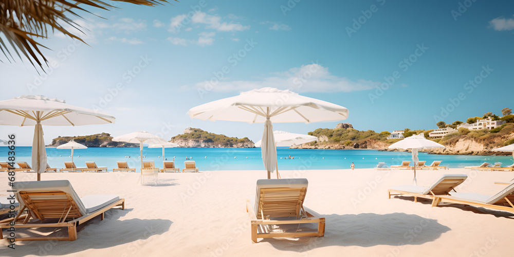 lounge chairs and umbrellas on the beach, Beach Coast Stock, tropical beach with long chairs and umbrella, generative AI