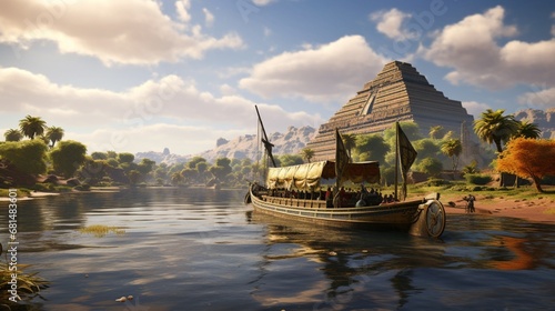 an ancient Egyptian riverboat transporting goods along the Nile River