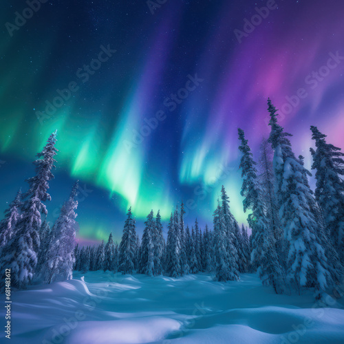  Northern lights dancing in the sky above a snowy 