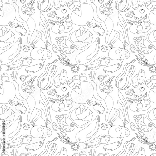 Black and white seamless pattern with simple fruits and vegetables in doodle style. Healthy food concept vector illustration.