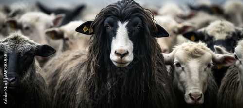 Creepy long hair goat herd. Generative AI technology.	
 photo