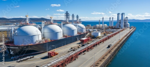 Liquified Natural Gas port tank storage. Generative AI technology.	
 photo