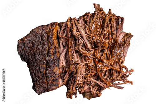 BBQ pulled pork meat on plate.  Transparent background. Isolated. photo