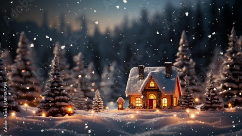 Christmas fairy-tale scene - a doll's house in a doll's forest. It is snowing. Cozy festive winter atmosphere.