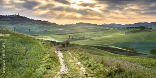 Dirt road in tranquil landscape Tuscany