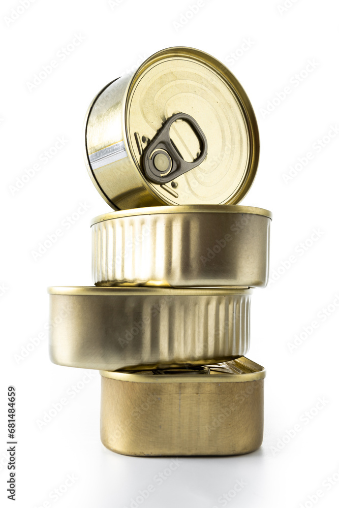 Canned food in metal can isolated on white background.