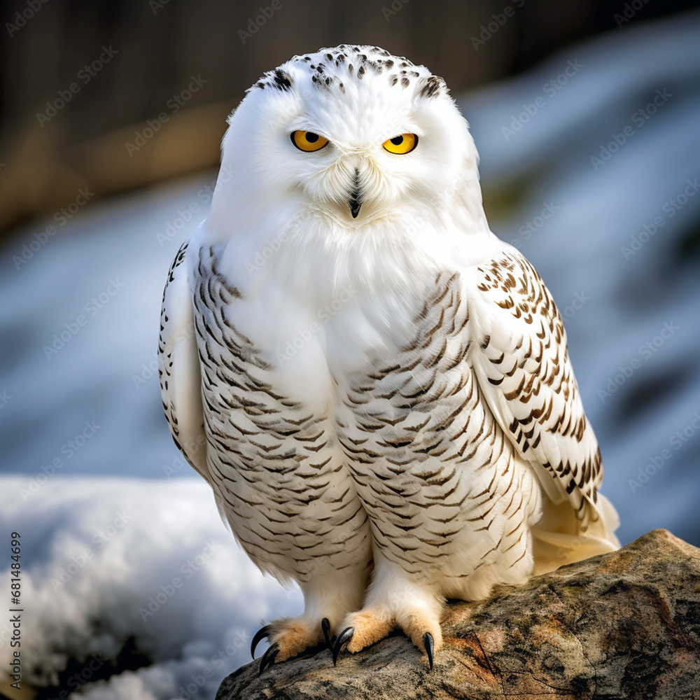 Fototapeta premium A great polar white owl, with full growth, wings, precise focus, and natural landscape.