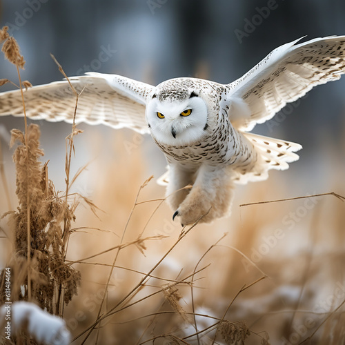 A great polar white owl, with full growth, wings, precise focus, and natural landscape. photo