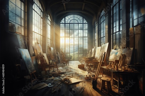 An Artist's Studio Bathed in Natural Light, Vast Windows Framing Inspiring Vistas Amidst the Organized Chaos of Creative Works in Progress Generated Image