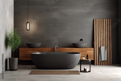 minimalistic bathroom with gray concrete walls and wooden furniture