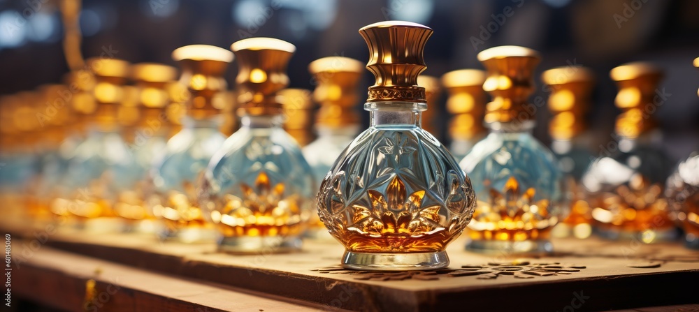 Premium perfume bottles with detailed glass carving. Generative AI technology.