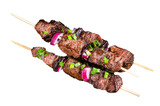 Shish kebab with beef and lamb meat, onion and herbs on Skewers. Transparent background. Isolated.