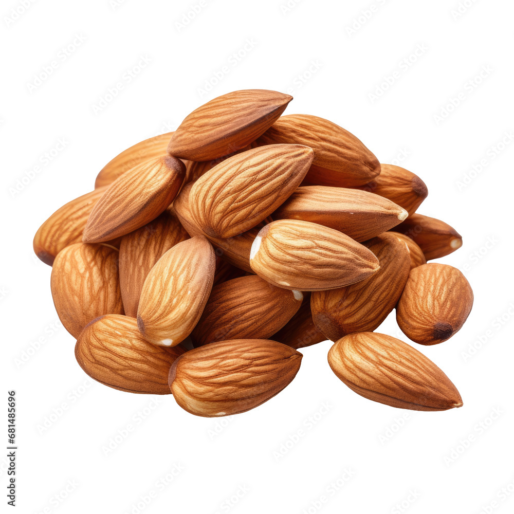 A heap of almond nuts isolated on white or transparent background, png A heap of almond nuts isolated on white or transparent background, png
