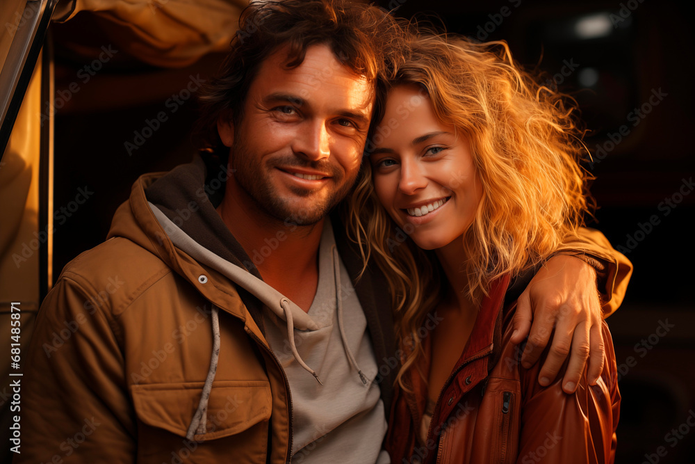 Young couple embracing inside a camper at golden hour. Young couple embracing inside a camper at golden hour.