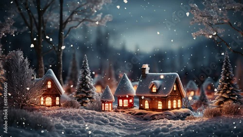 Christmas fairy-tale scene - a doll's village in a doll's forest. It is snowing. Cozy festive winter atmosphere.