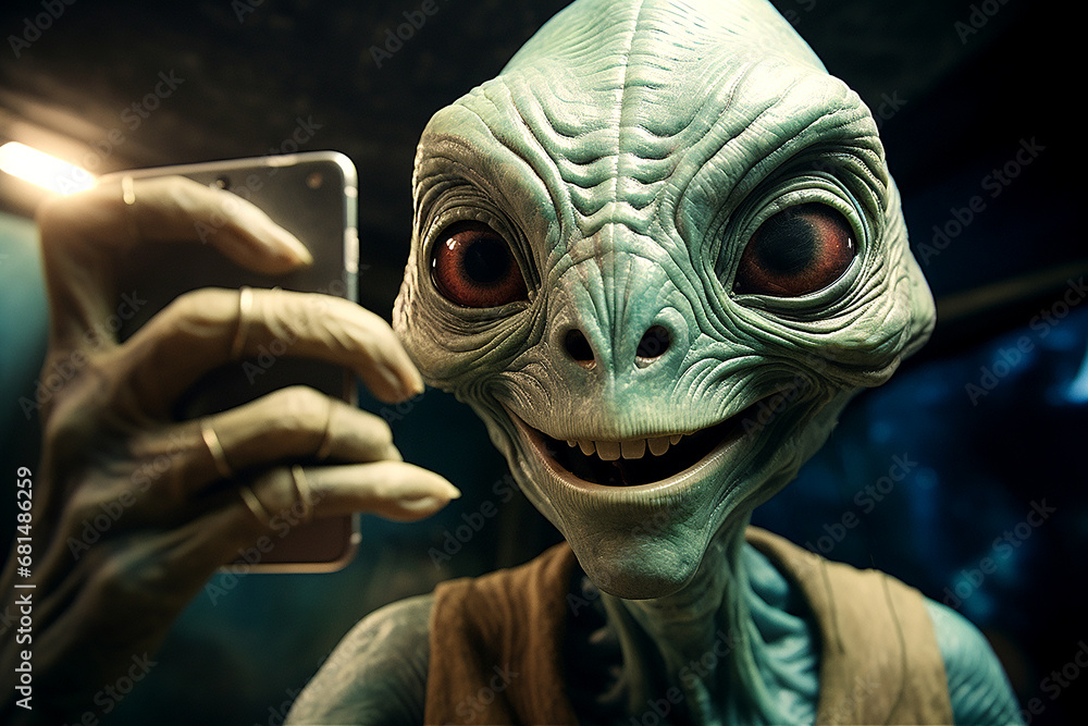A green funny alien with big eyes is taking a selfie A green funny alien with big eyes is taking a selfie