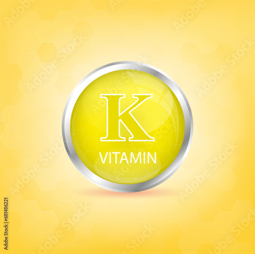 Vitamin line Yellow K icon structure yellow substance. Personal care, beauty concept. Medicine health symbol of thiamine. Drug business concept. 3D Vector Illustration. Vitamin complex with cheellow