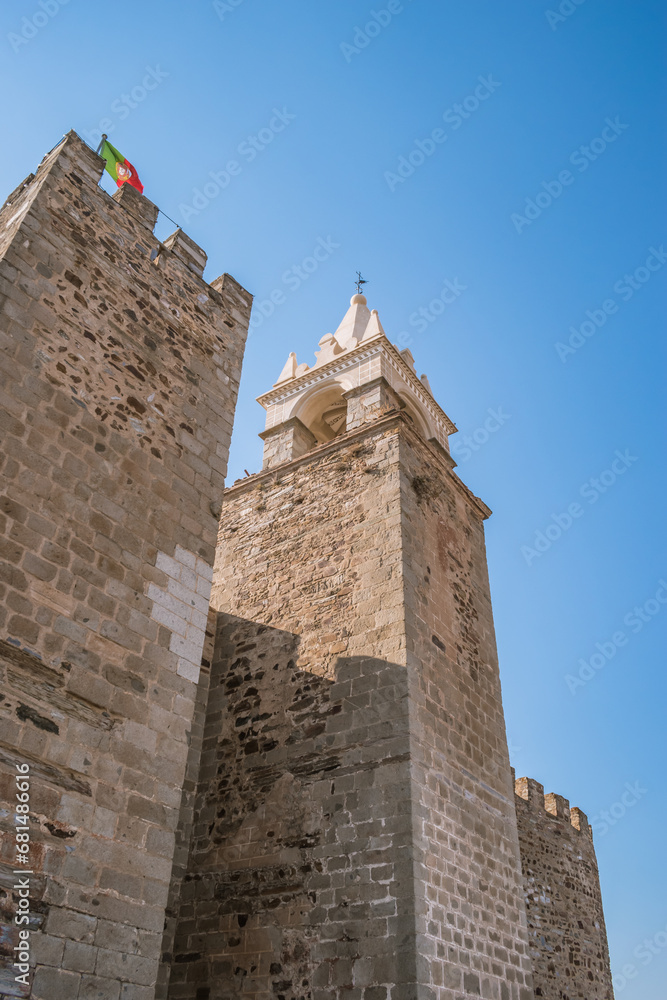 Perspective of medieval walls of Mourao castle with keep tower in gothic style, PORTUGAL