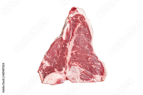 Raw T-bone or porterhouse beef meat Steak with thyme in a grill skillet ready for cooking.  Transparent background. Isolated. photo