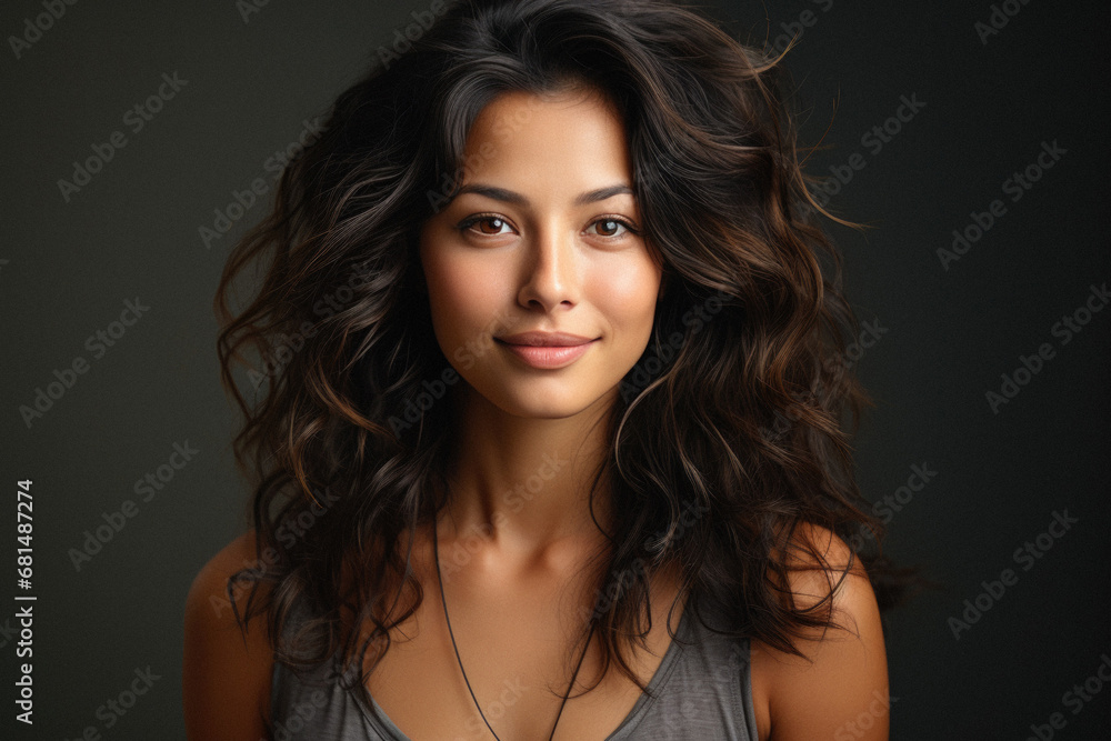 Portrait of beautiful young latin woman with curly hair, on dark background. Portrait of beautiful young latin woman with curly hair, on dark background.