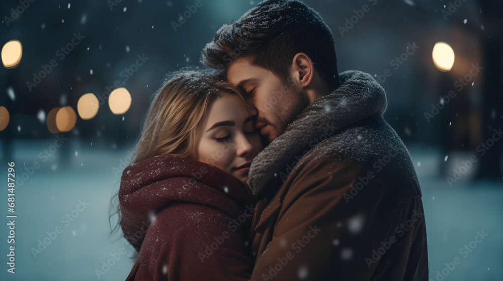 Man and woman hugging in winter park Man and woman hugging in winter park
