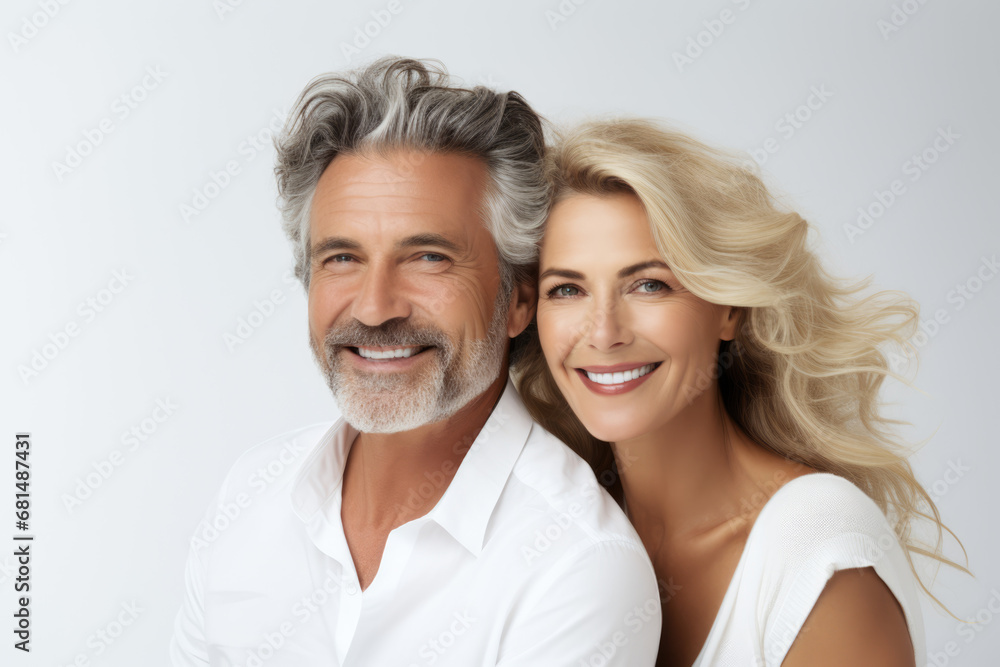Portrait of a happy smiling couple dressed in white with the white background Made with Generative AI Portrait of a happy smiling couple dressed in white with the white background Made with Generative AI