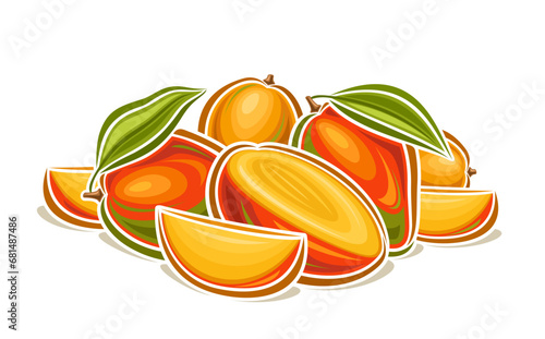 Vector logo for Mango, decorative horizontal poster with outline illustration of juicy mango composition with leaves, cartoon design fruity print with many chopped mango parts on white background