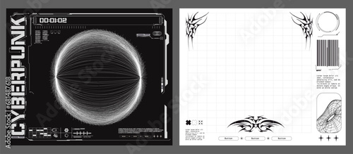 Cyberpunk user interface design elements with spherical data visualization and HUD details. Poster in retrofuturistic style with texture. Brutalism, acid, y2k concept. Vector illustration