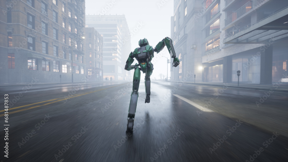 The humanoid AI robot runs along a deserted street in a big city. 3d render. future concept The humanoid AI robot runs along a deserted street in a big city. 3d render. future concept