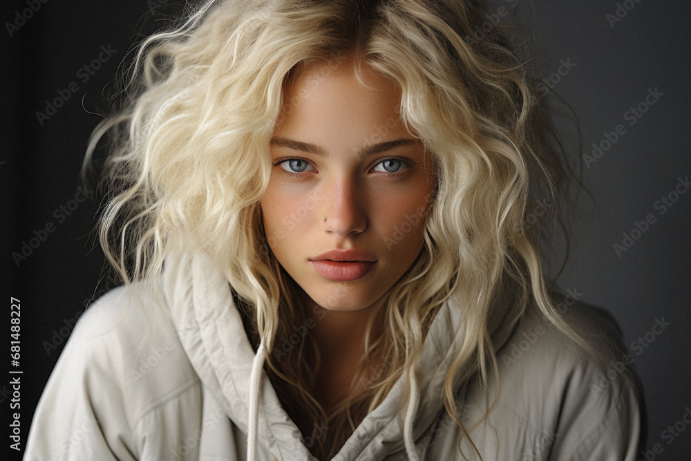 Portrait of beautiful young woman with blond hair on grey background. Portrait of beautiful young woman with blond hair on grey background.