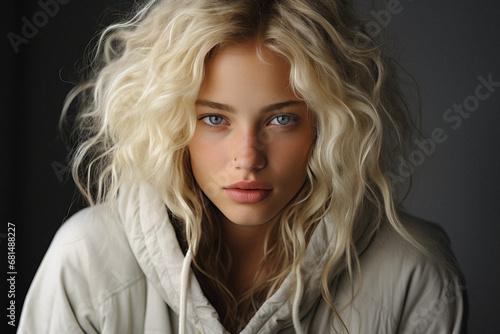 Portrait of beautiful young woman with blond hair on grey background.