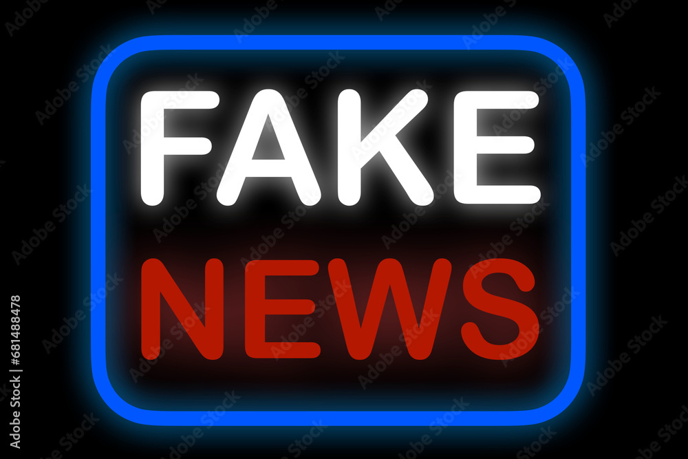 A glowing neon effect sign with the words 'Fake News' set on a black background. A glowing neon effect sign with the words 'Fake News' set on a black background.