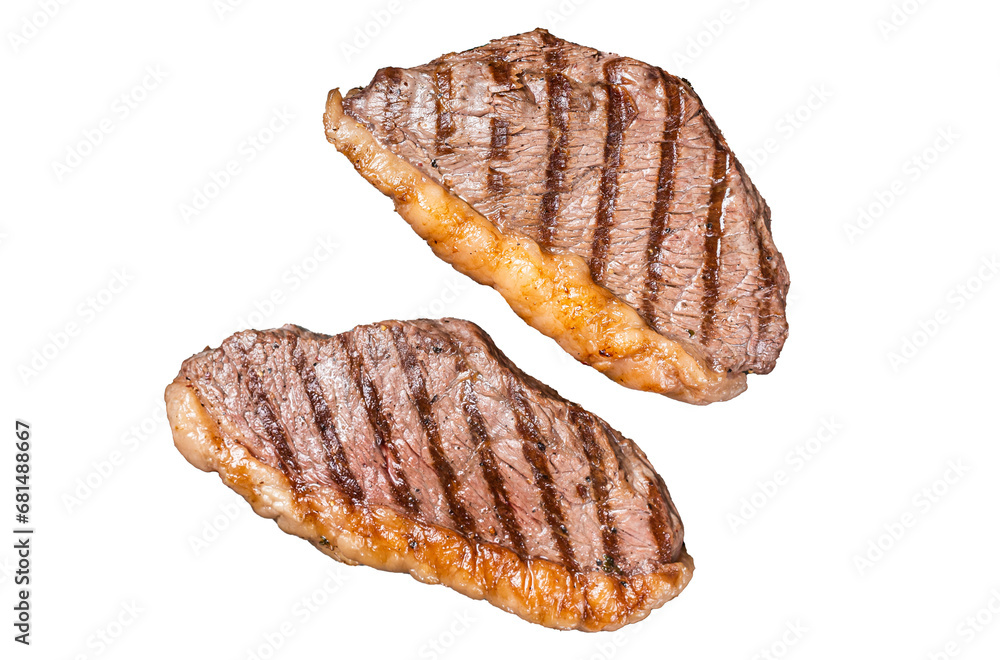 BBQ Grilled top sirloin steak, cup rump beef meat steak in a steel tray.  Transparent background. Isolated.