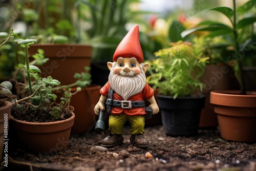  Garden gnome, a statue of a gnome on the lawn in the garden. Flowers.