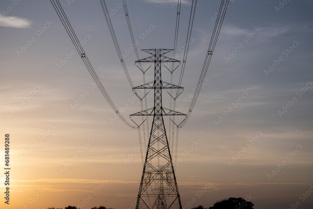 High-voltage Power lines at sunset 