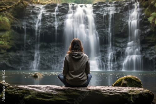 Woman is sitting in front of the waterfall. Beautiful wildlife.