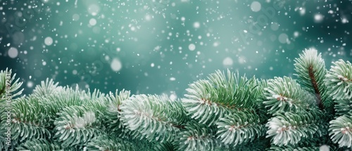 close up snow-covered fir green branches and snowfall flakes  Christmas banner background  Generative AI