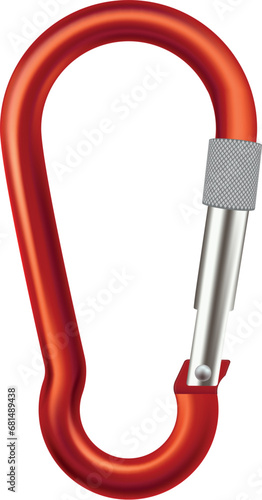 Red climbing carabiner safety mountaineering equipment with steel clasp realistic vector