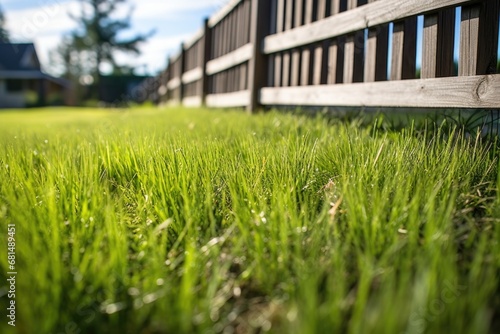  Green lawn, grass, fence are out of focus. Summer garden.